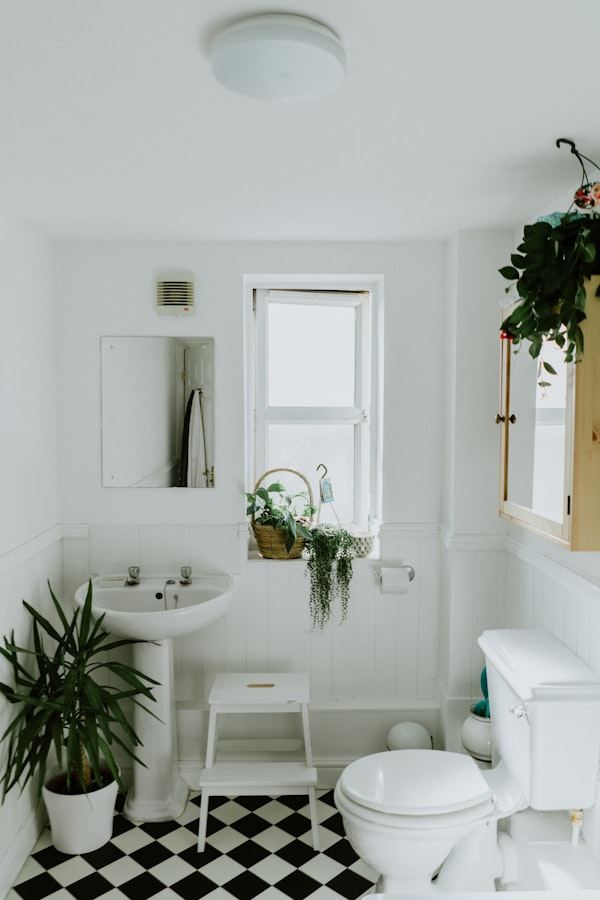 Bright white bathroom with pedestal basin, panelled walls and a black and white chequered floor